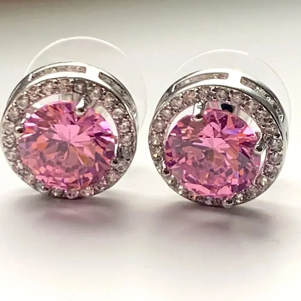 Big Bold Pink Power Crystal Round Studs with CZ Halo, Luxury Designer Style Gift